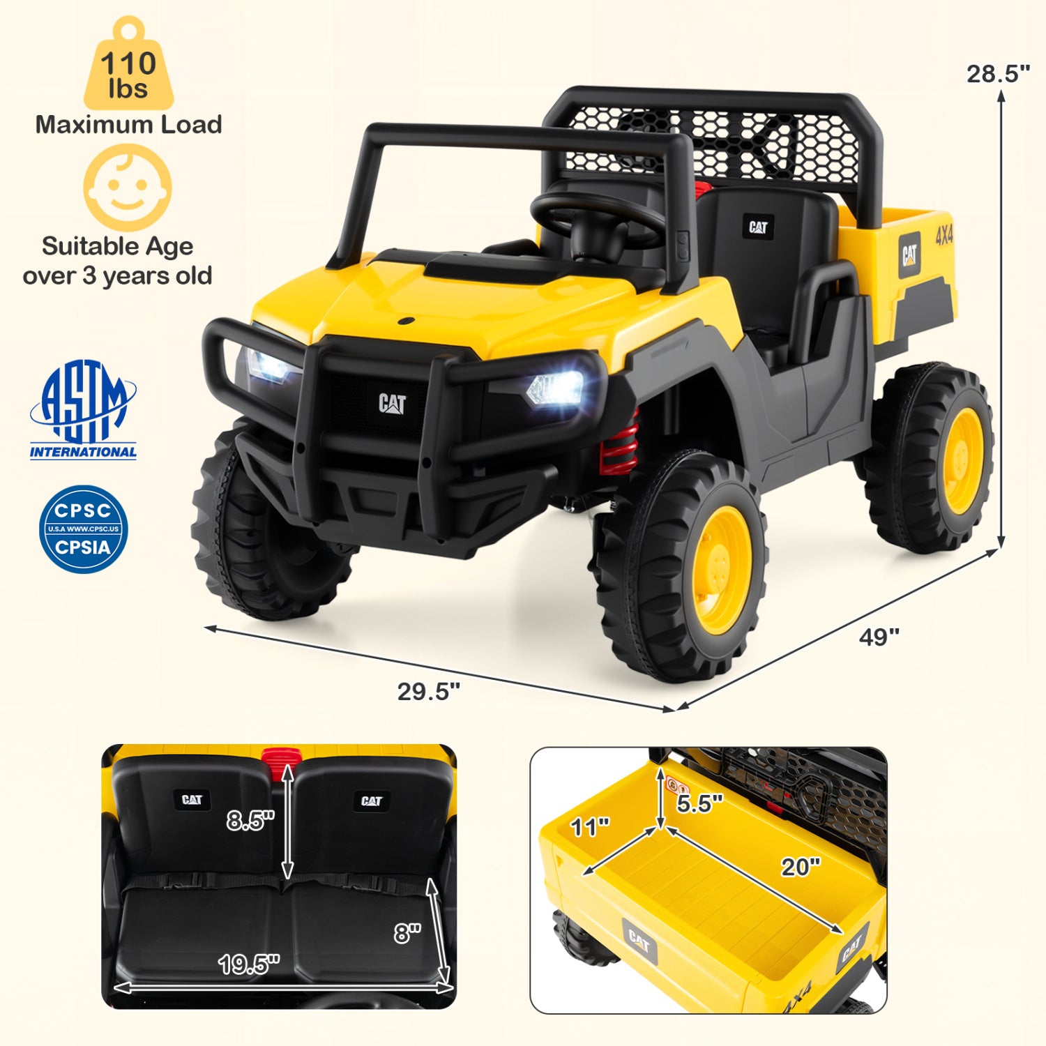 Yellow and black toy utility vehicle with dimensions and safety certifications on a white background