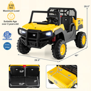 Yellow and black toy utility vehicle with dimensions and safety certifications on a white background