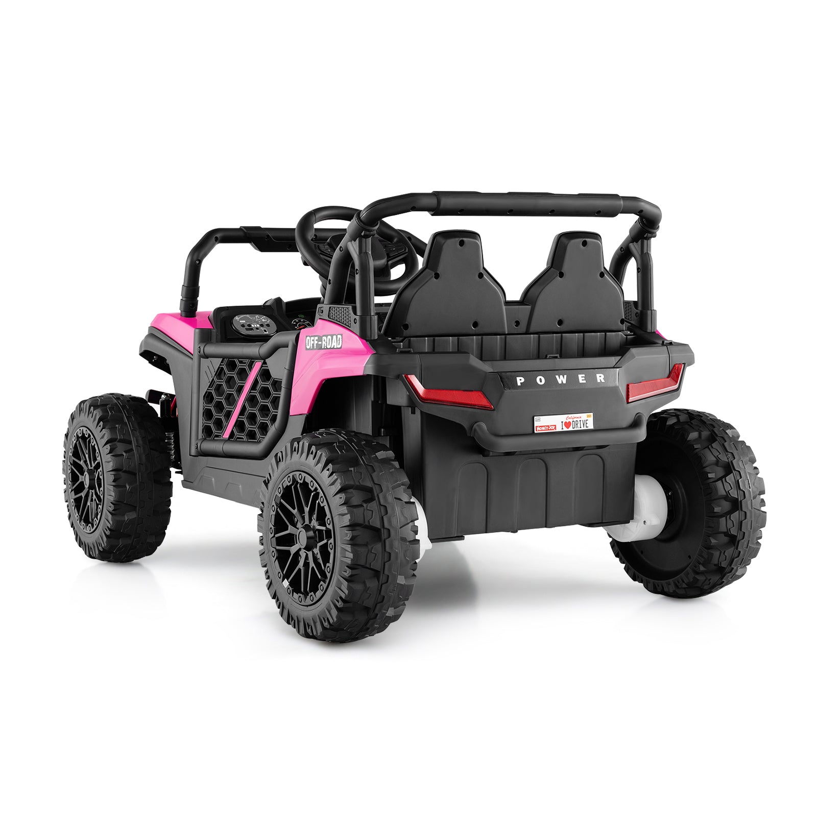 Black and pink toy off-road vehicle on a white background