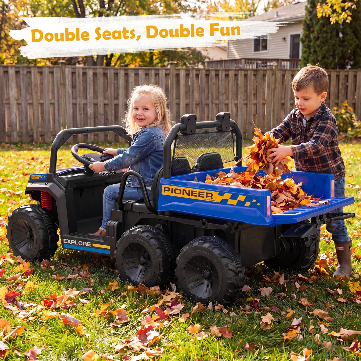 Two children playing with a toy Pioneer vehicle in a backyard during autumn.