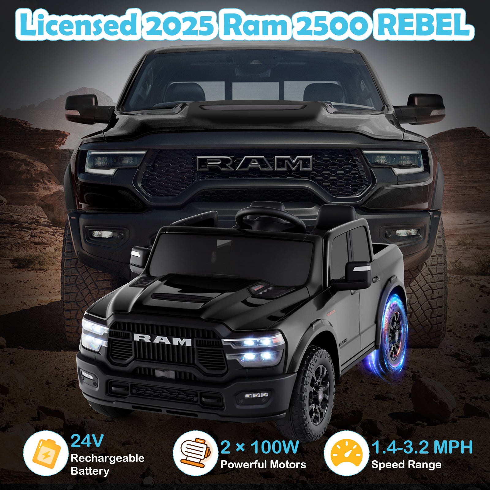 Black RAM truck with toy model on a desert background, featuring product details.