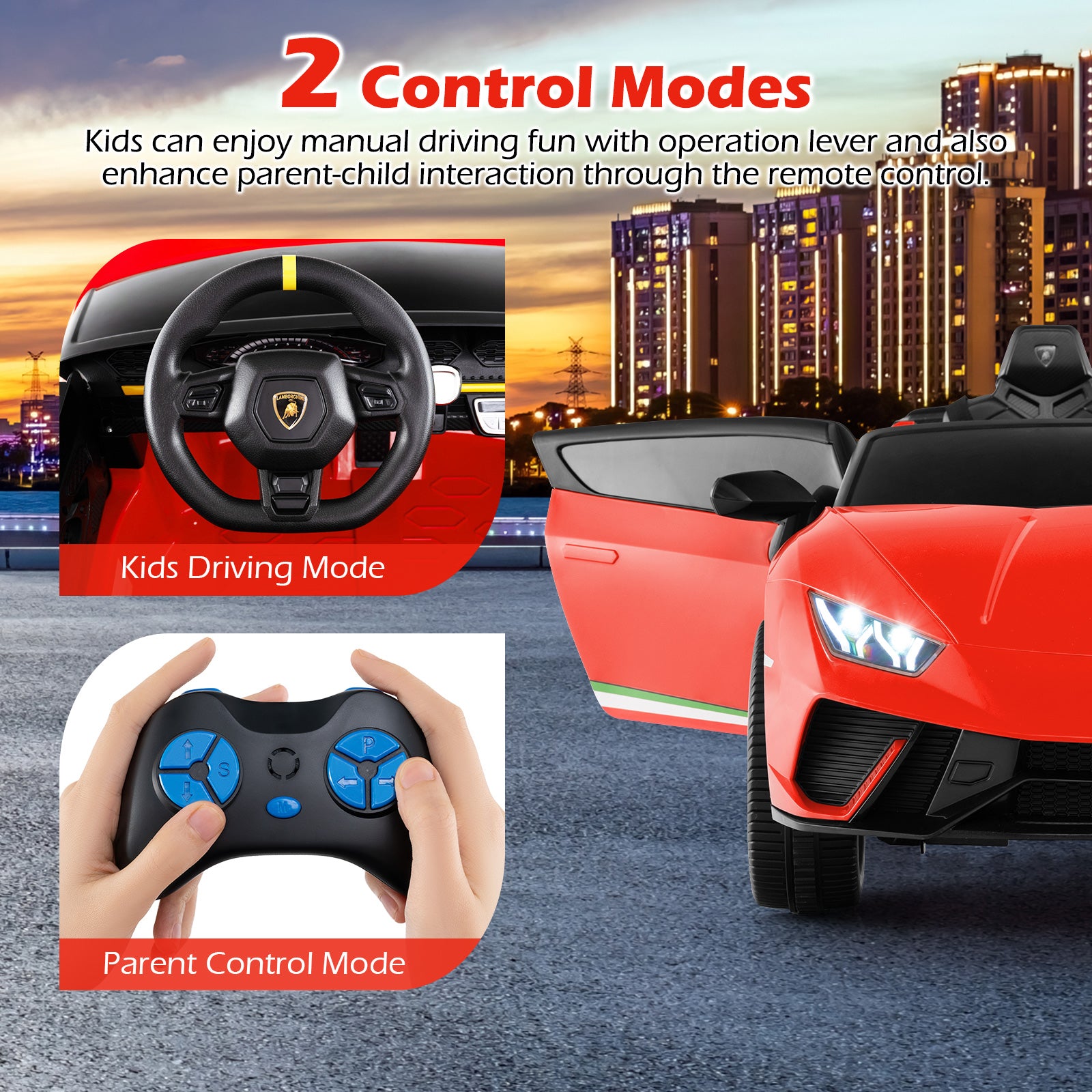 Red toy car with steering wheel and remote control, set against a cityscape background.