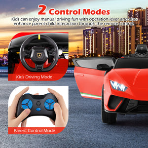 Red toy car with steering wheel and remote control, set against a cityscape background.