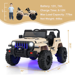 Beige toy jeep with black details and measurements on a white background