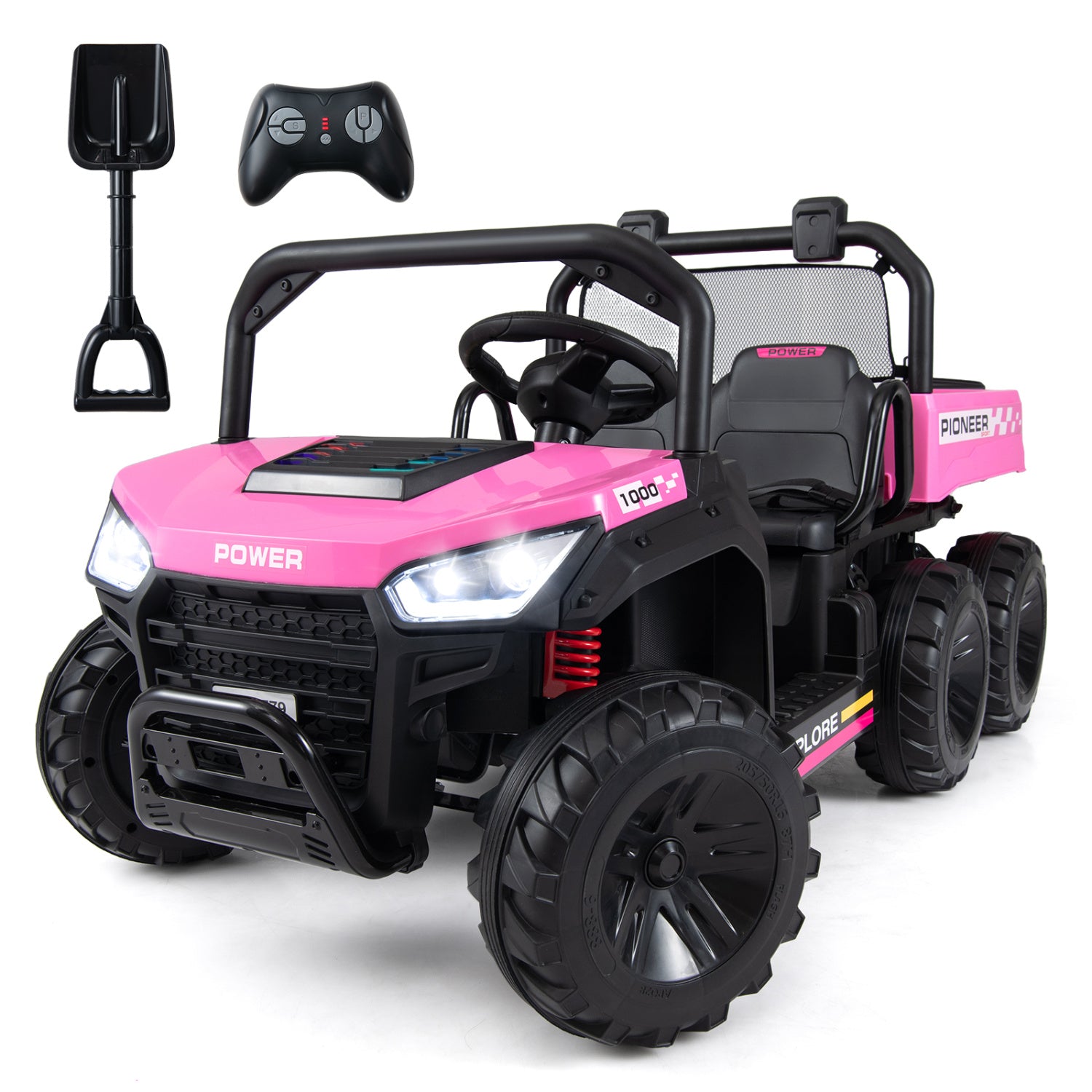 Pink toy off-road vehicle with remote control on a white background