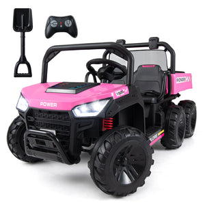 Pink toy off-road vehicle with remote control on a white background