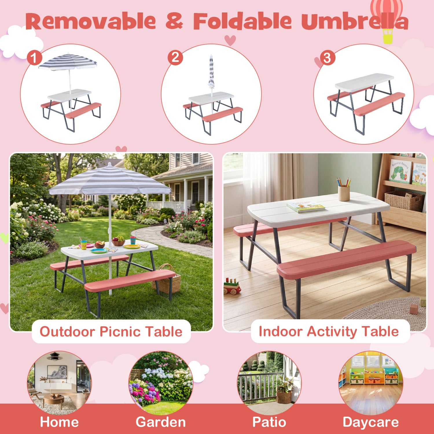 Collage of a removable and foldable umbrella table with outdoor, indoor, and garden settings.