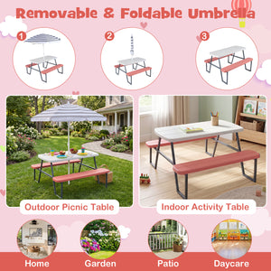 Collage of a removable and foldable umbrella table with outdoor, indoor, and garden settings.