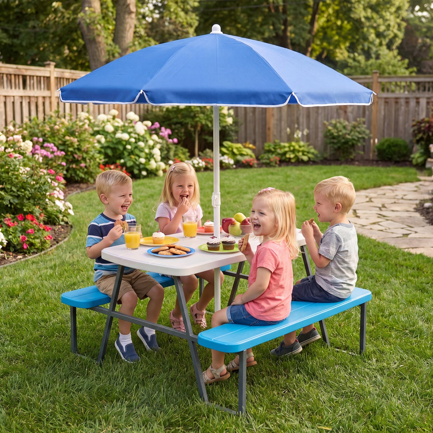 Children sitting at a picnic table with a blue umbrella in a garden setting