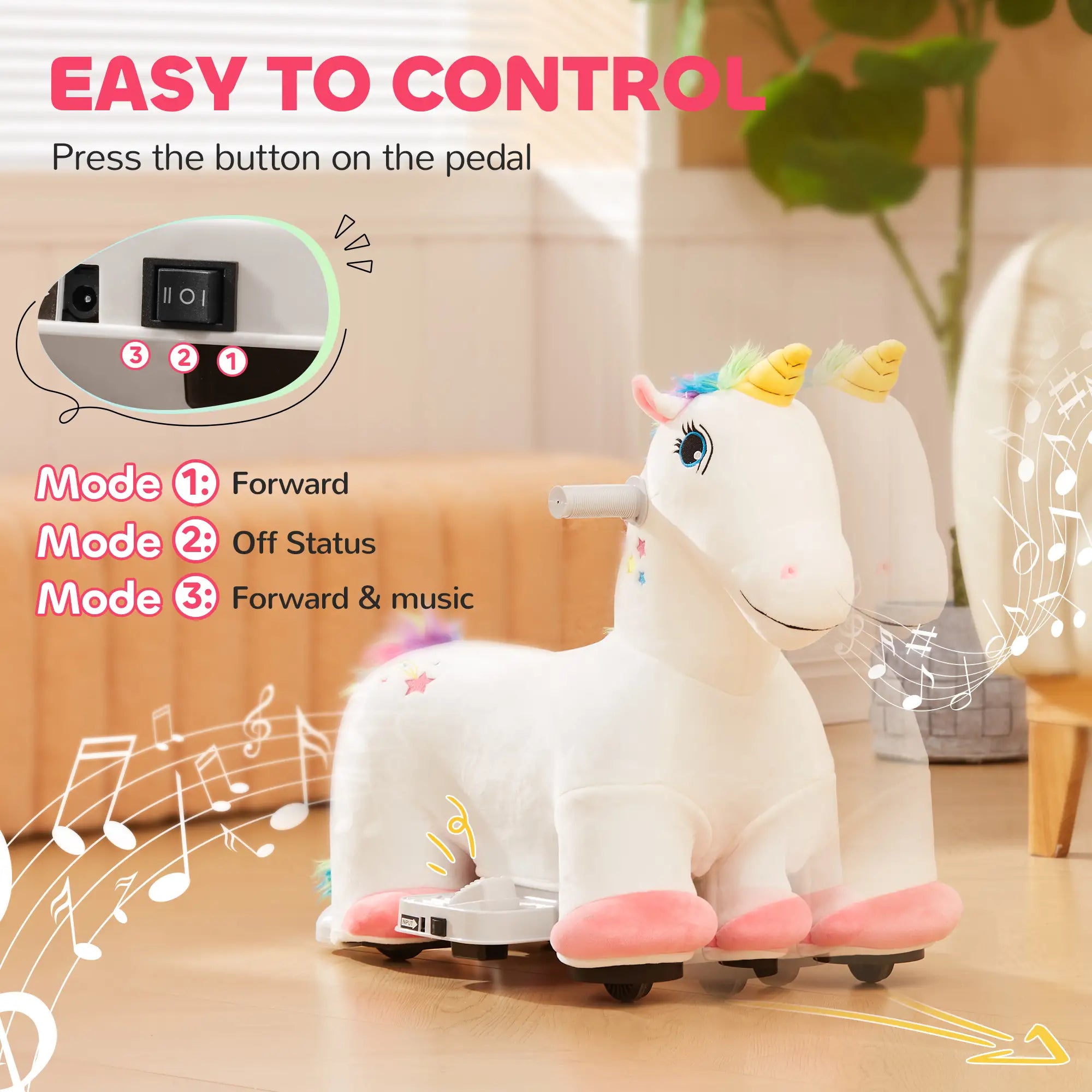 6V electric ride-on horse with music feature for toddlers aged 18 to 36 months