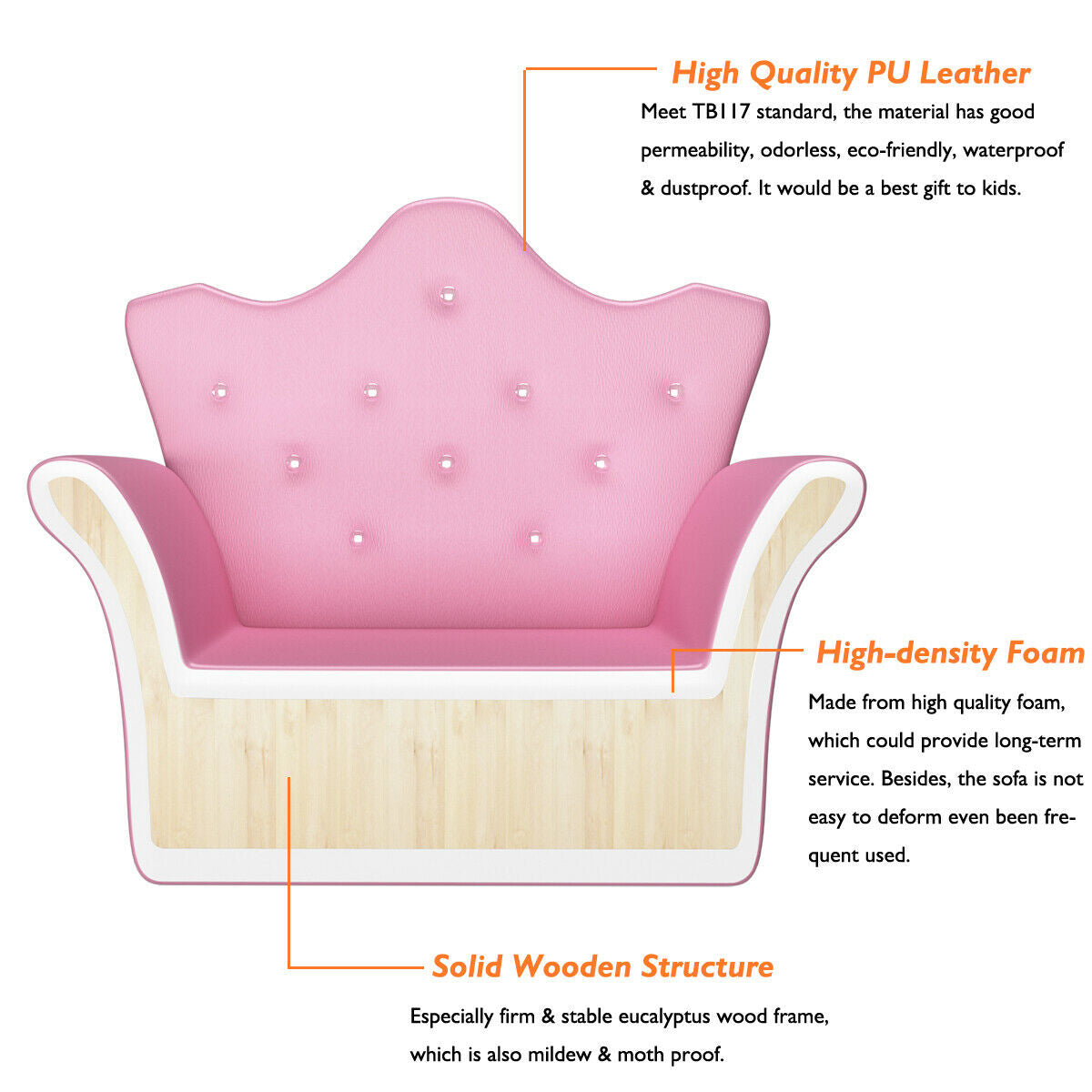 Pink children's chair with text highlighting material quality on a white background