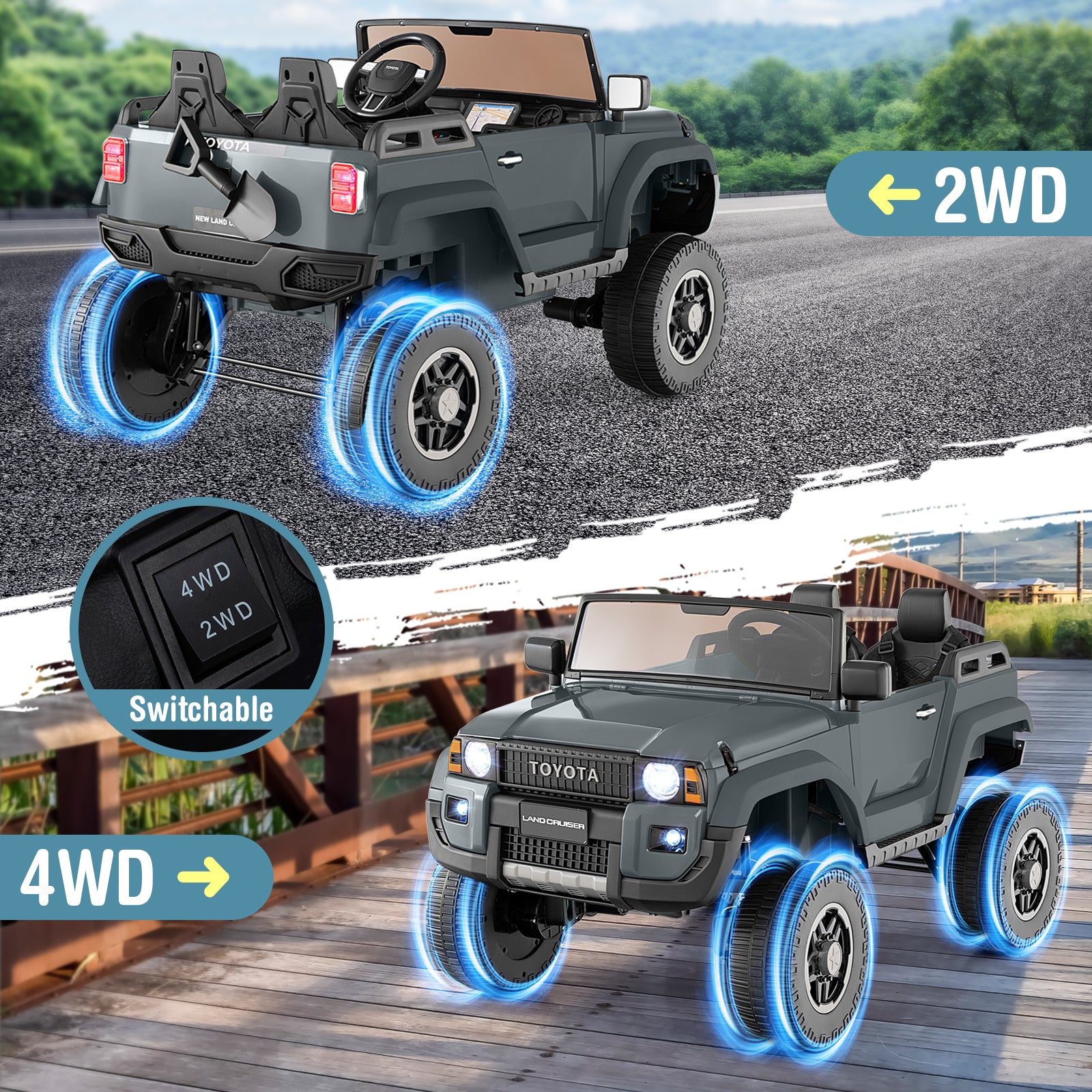 Toy truck with 2WD and 4WD options on a road and wooden platform background.