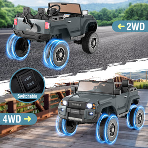 Toy truck with 2WD and 4WD options on a road and wooden platform background.
