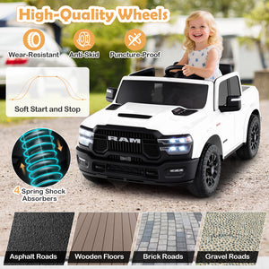 White toy truck with features highlighted on a road surface, child in the background.