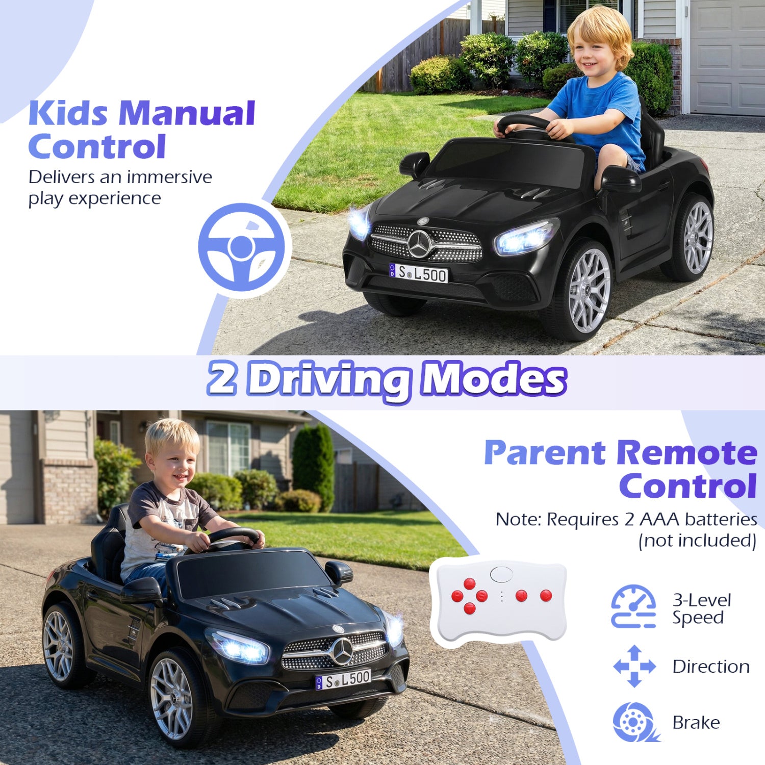 Child playing with a toy car, with text about kids manual control, 2 driving modes, and parent remote control.