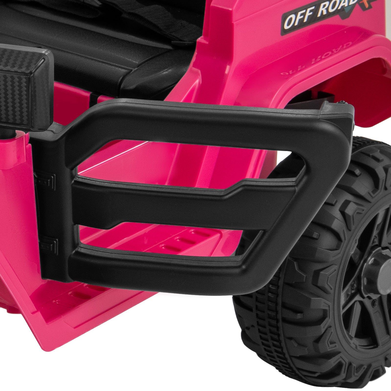 Close-up of a pink toy car with black off-road design on a white background
