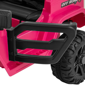 Close-up of a pink toy car with black off-road design on a white background