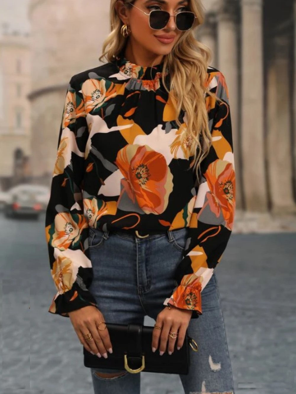 Women Floral Print Flounce Sleeve Blouse