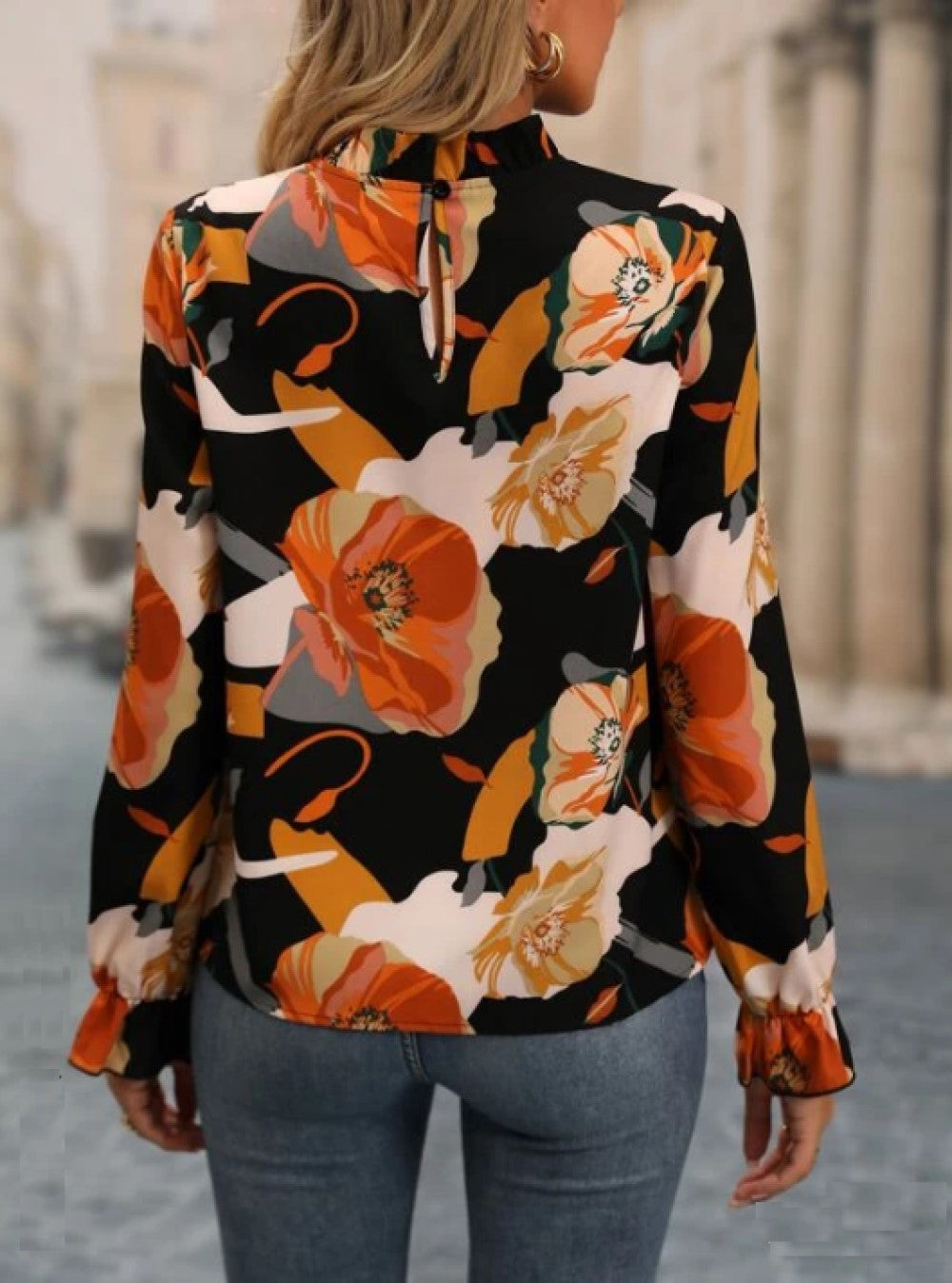 Women Floral Print Flounce Sleeve Blouse