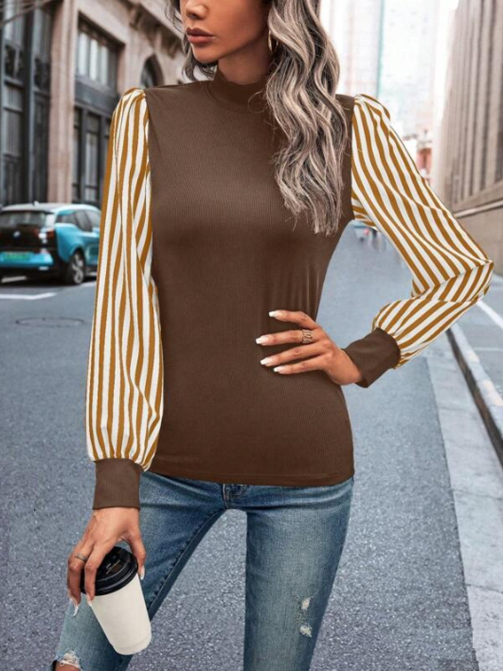 Women Striped Print Mock Neck Lantern Sleeve Top