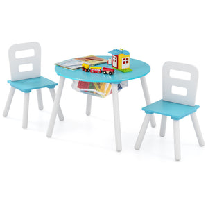 Wood Activity Table and Chair Set for Kids with Central Mesh Storage