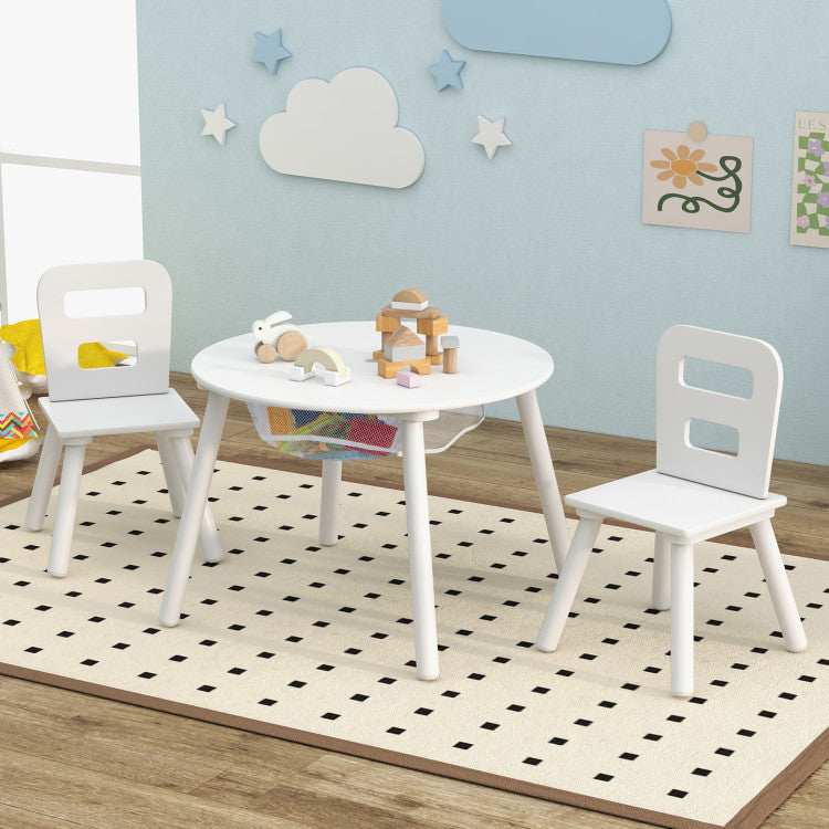 Wood Activity Table and Chair Set for Kids with Central Mesh Storage