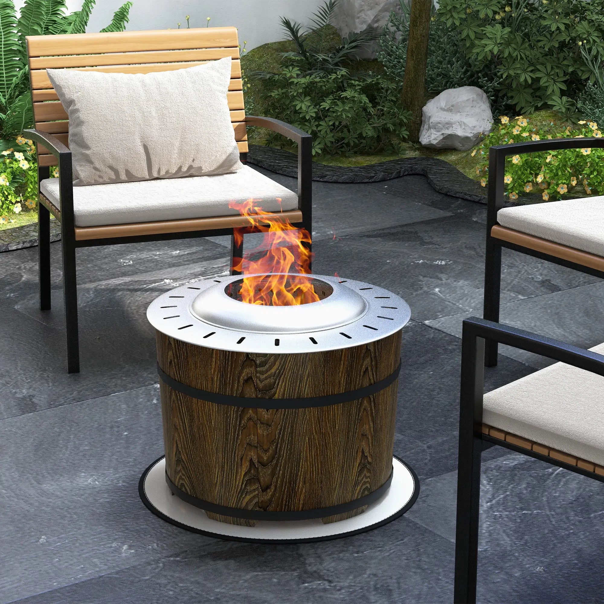 Wooden fire pit table with flames in a garden setting with chairs and cushions.