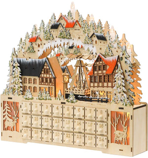 Wooden Christmas Advent Calendar with 24 Fillable Drawers & LED Lights, Battery-Powered