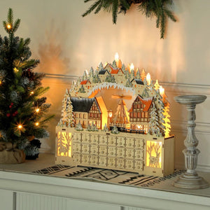 Wooden Christmas Advent Calendar with 24 Fillable Drawers & LED Lights, Battery-Powered