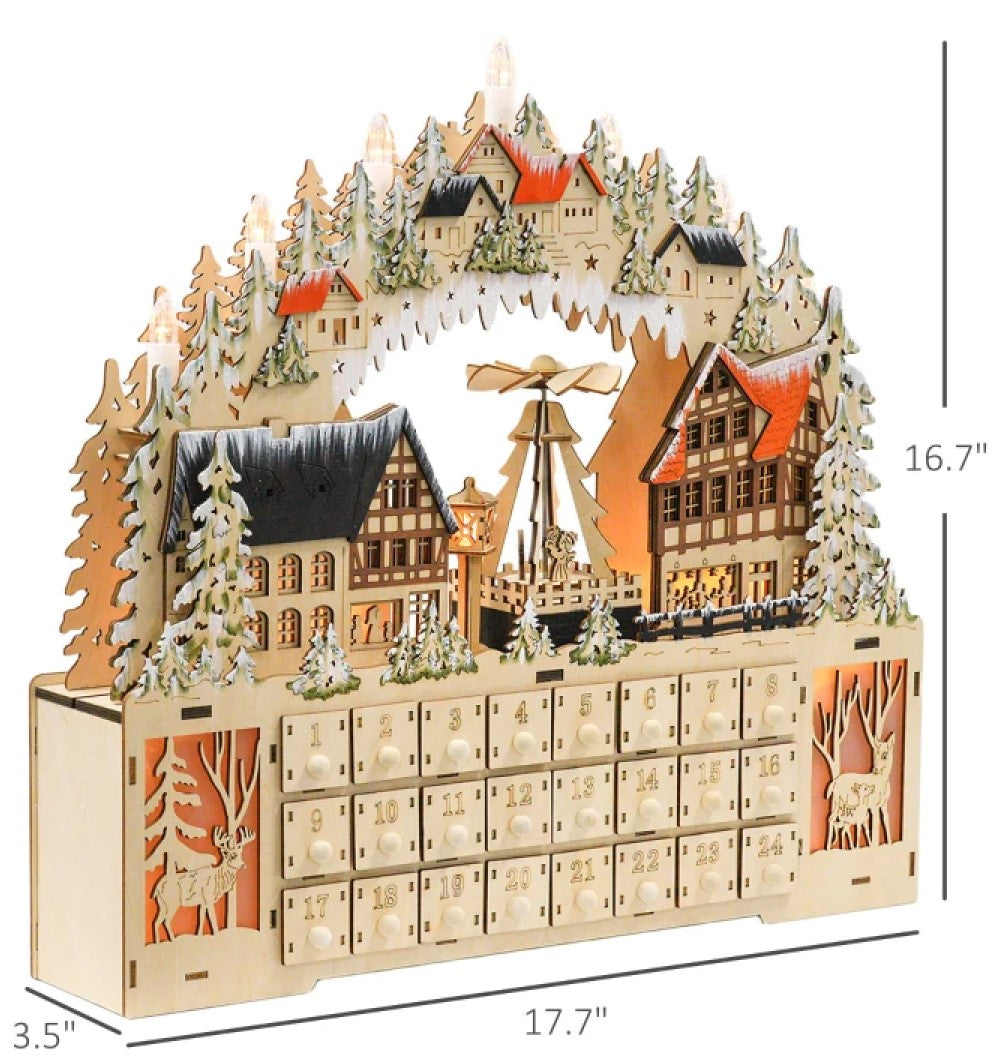 Wooden Christmas Advent Calendar with 24 Fillable Drawers & LED Lights, Battery-Powered