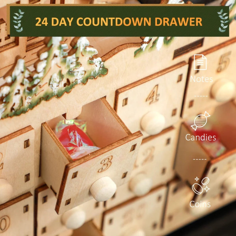 Wooden Christmas Advent Calendar with 24 Fillable Drawers & LED Lights, Battery-Powered