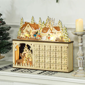 Wooden Christmas Advent Calendar with 24 Fillable Drawers & LED Lights, Battery Operated