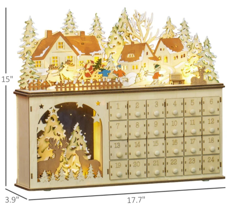 Wooden Christmas Advent Calendar with 24 Fillable Drawers & LED Lights, Battery Operated