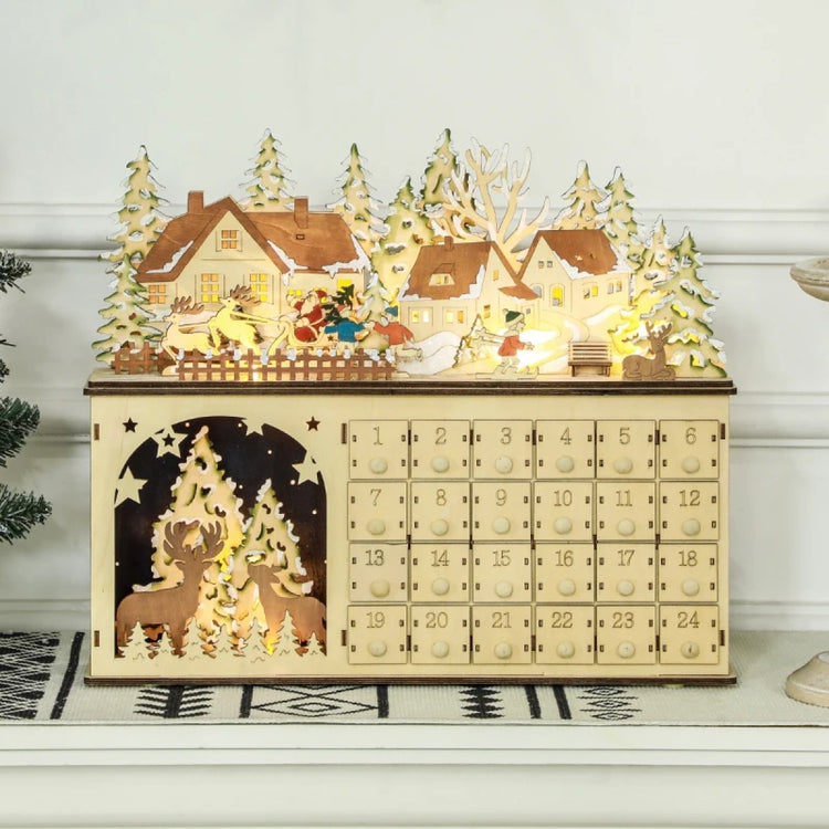 Wooden Christmas Advent Calendar with 24 Fillable Drawers & LED Lights, Battery Operated