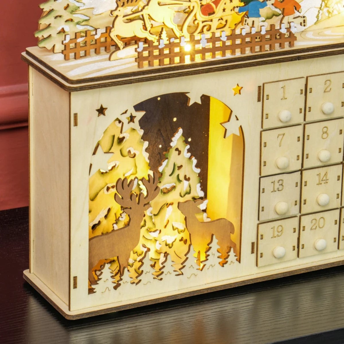 Wooden Christmas Advent Calendar with 24 Fillable Drawers & LED Lights, Battery Operated