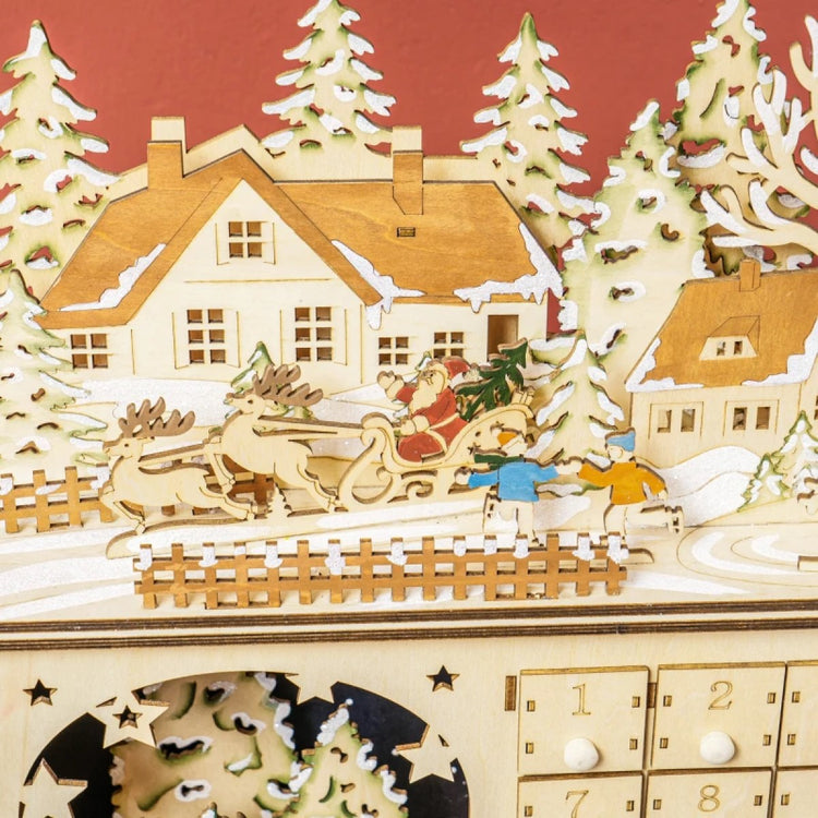 Wooden Christmas Advent Calendar with 24 Fillable Drawers & LED Lights, Battery Operated