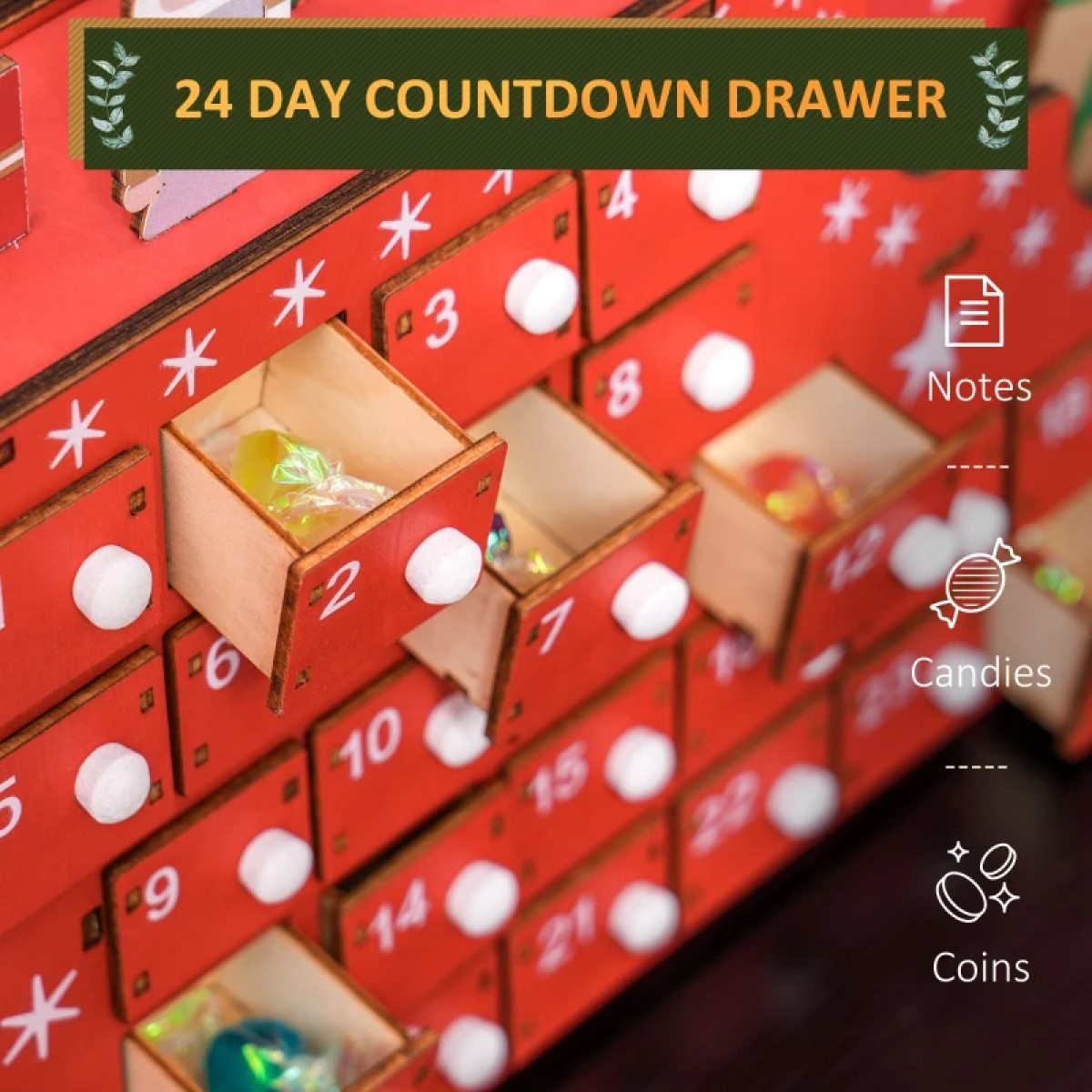 Wooden Christmas Advent Calendar with 24 Reusable Drawers for Kids andAdults