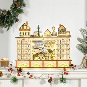 Light up Wooden Christmas Advent Calendar with Countdown Drawers, Village Scene, for All Ages