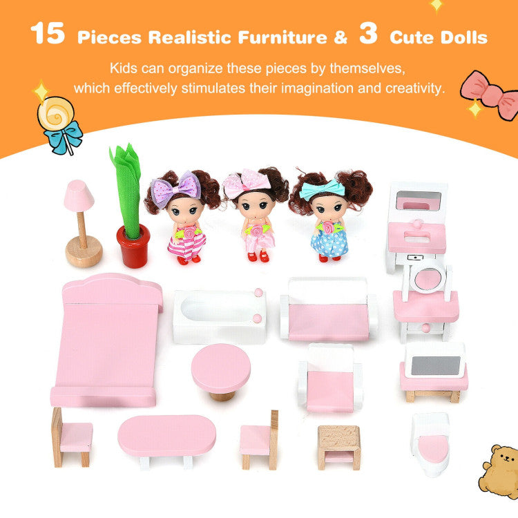 wooden dollhouse furniture set