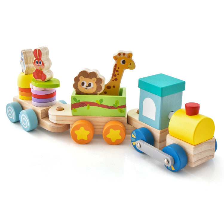 Wooden Stackable Train Set with Colorful Animal Blocks and Retractable Locomotive