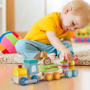 Wooden Stackable Train Set with Colorful Animal Blocks and Retractable Locomotive