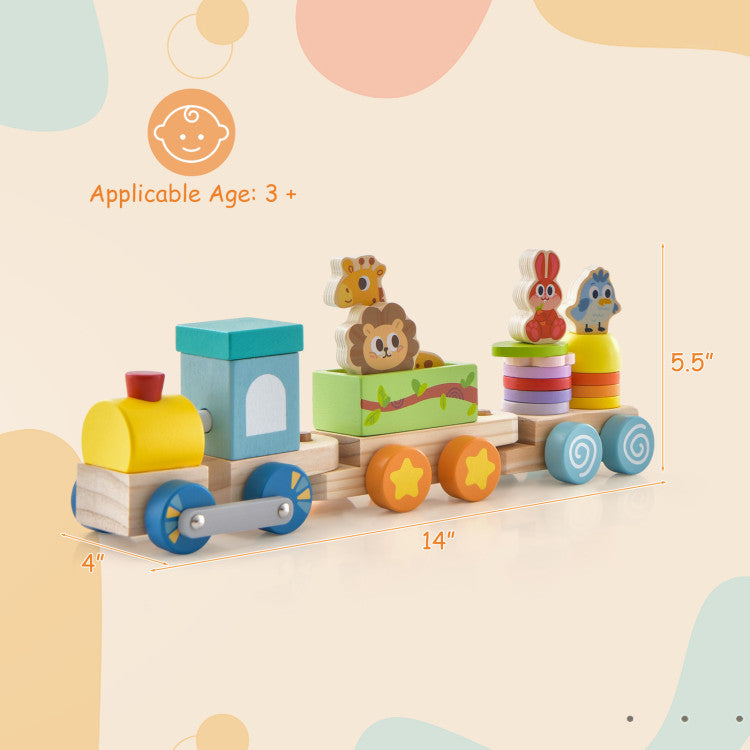 Wooden Stackable Train Set with Colorful Animal Blocks and Retractable Locomotive