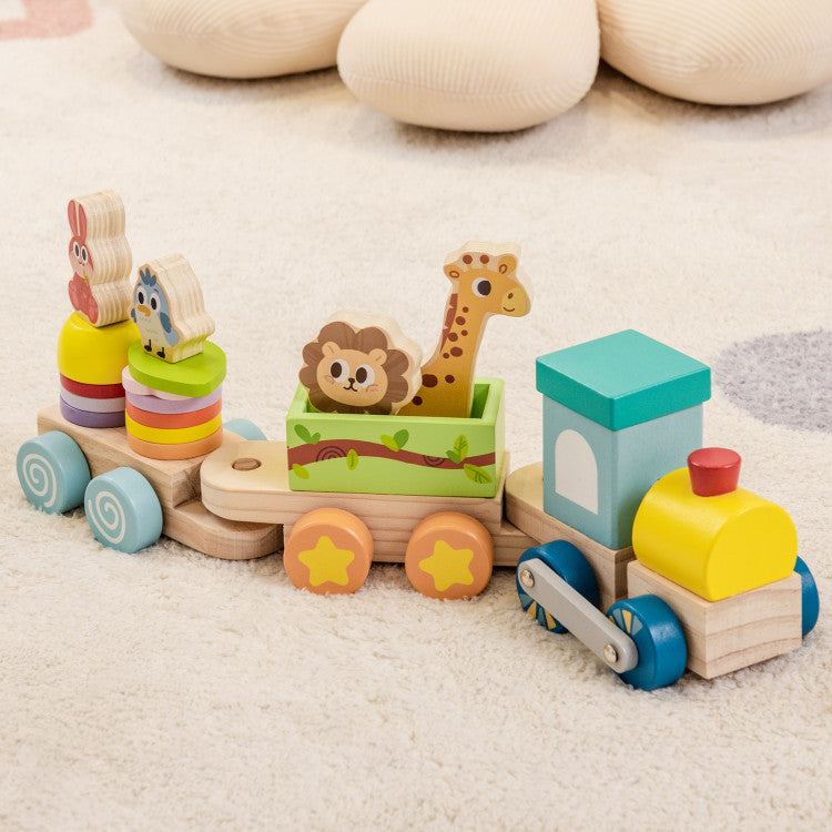 Wooden Stackable Train Set with Colorful Animal Blocks and Retractable Locomotive