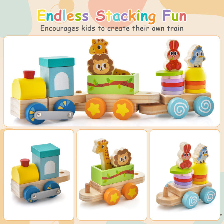 Wooden Stackable Train Set with Colorful Animal Blocks and Retractable Locomotive