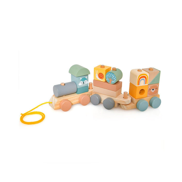 Wooden Toy Train Set with Stacking Blocks and Cute Animal Patterns for Kids