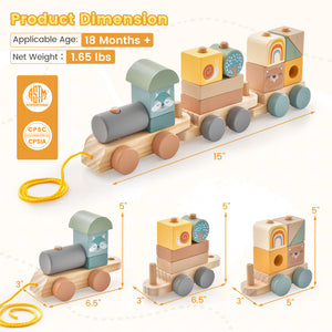 Wooden Toy Train Set with Stacking Blocks and Cute Animal Patterns for Kids