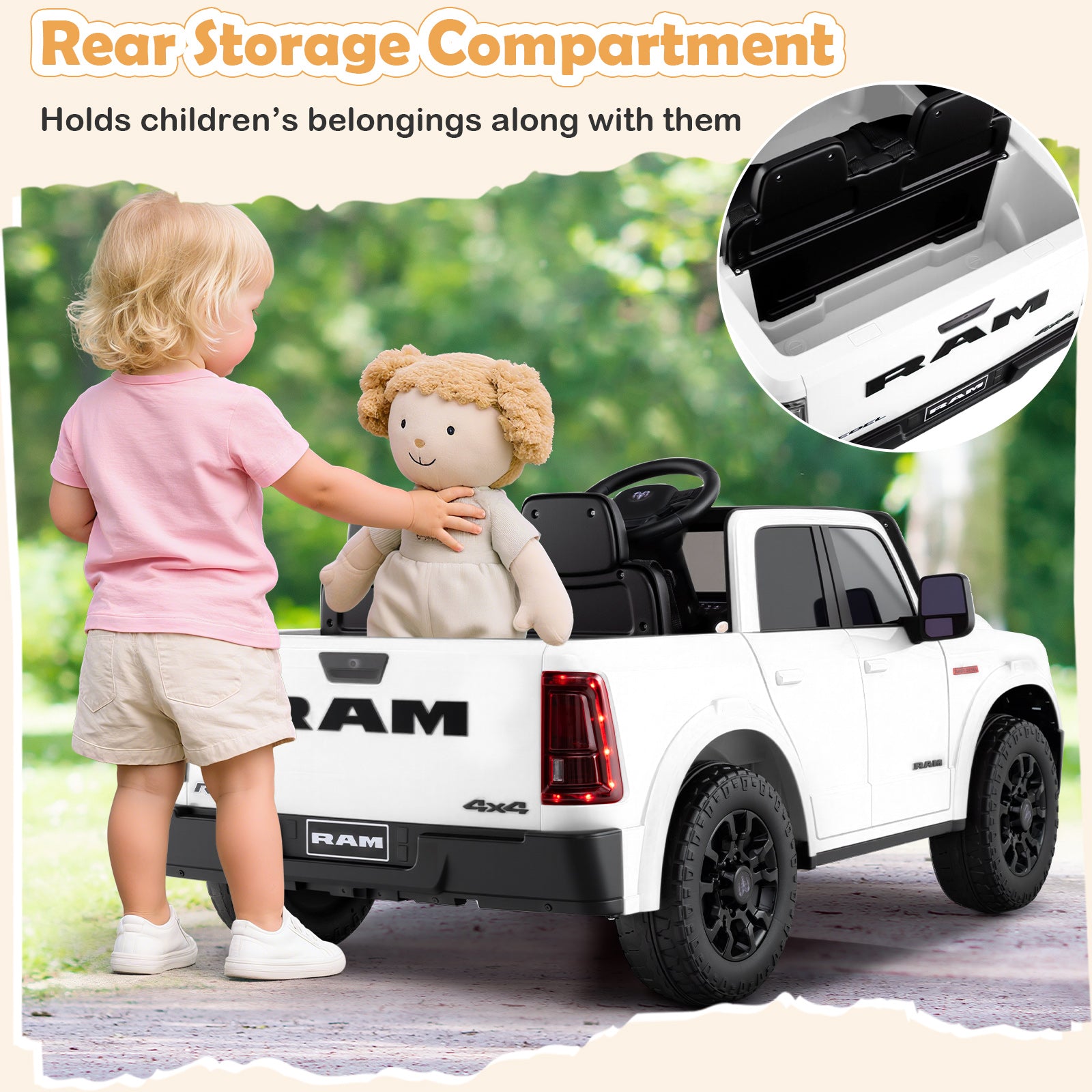 Child with a toy truck and teddy bear, highlighting the rear storage compartment.