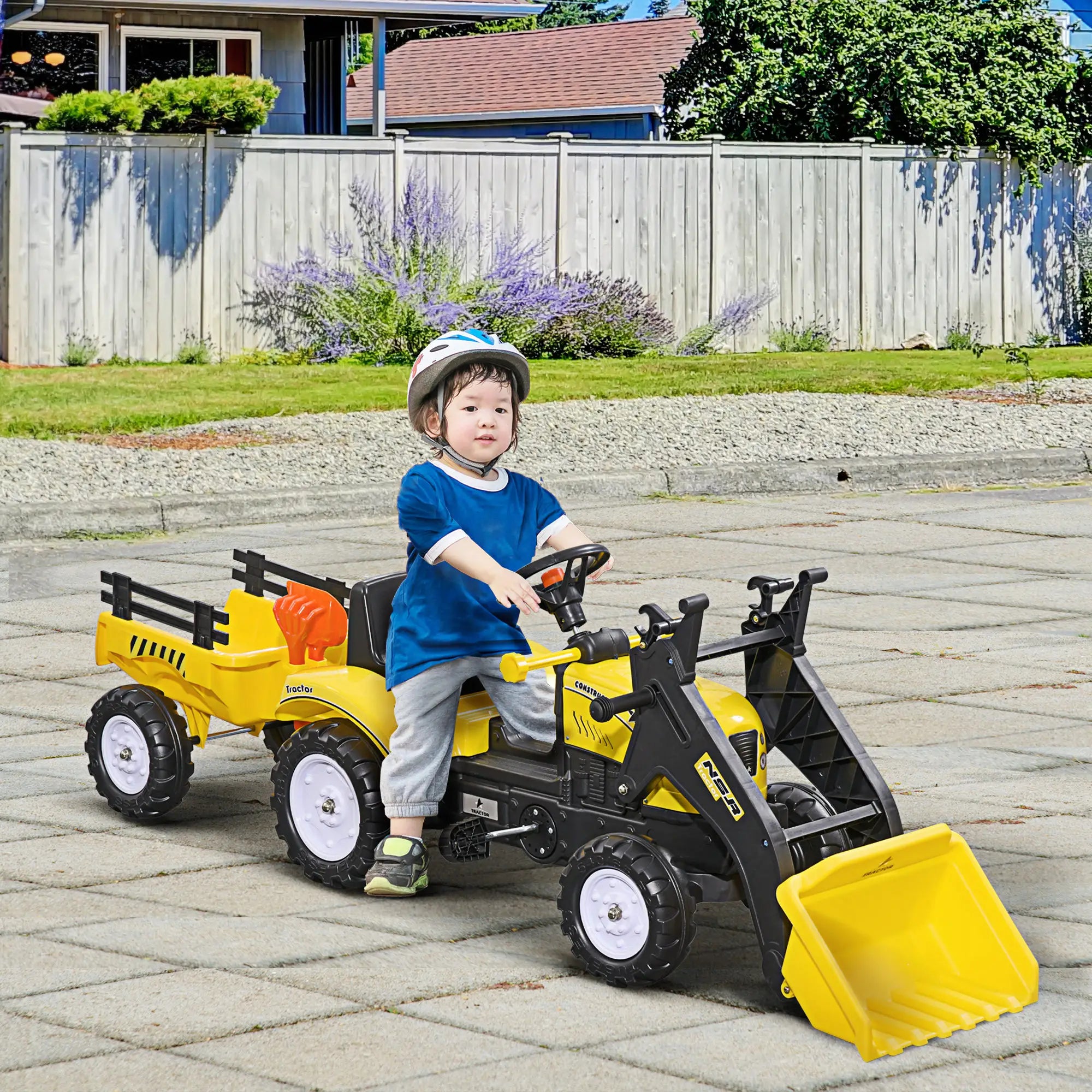 Ride-On Kids Bulldozer, Excavator Toy with Real Working Dirt Bucket, Easy Pedal Controls, 6 Wheels, & Cargo Trailer