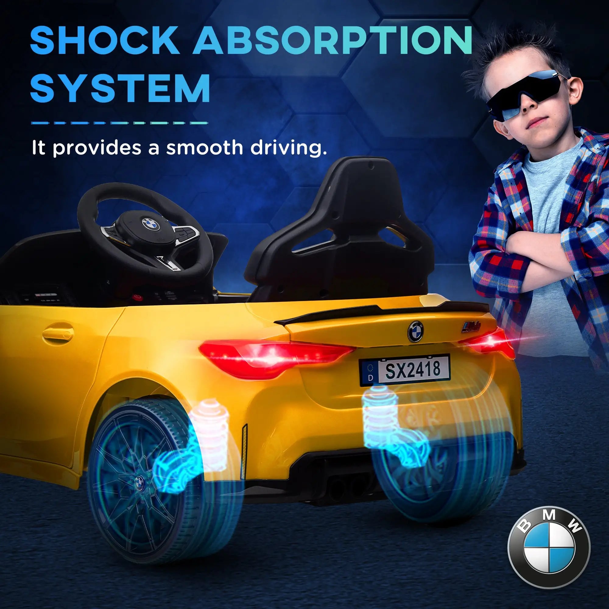 Kids Sports Car bottom view with Auxiliary Wheels for portability.