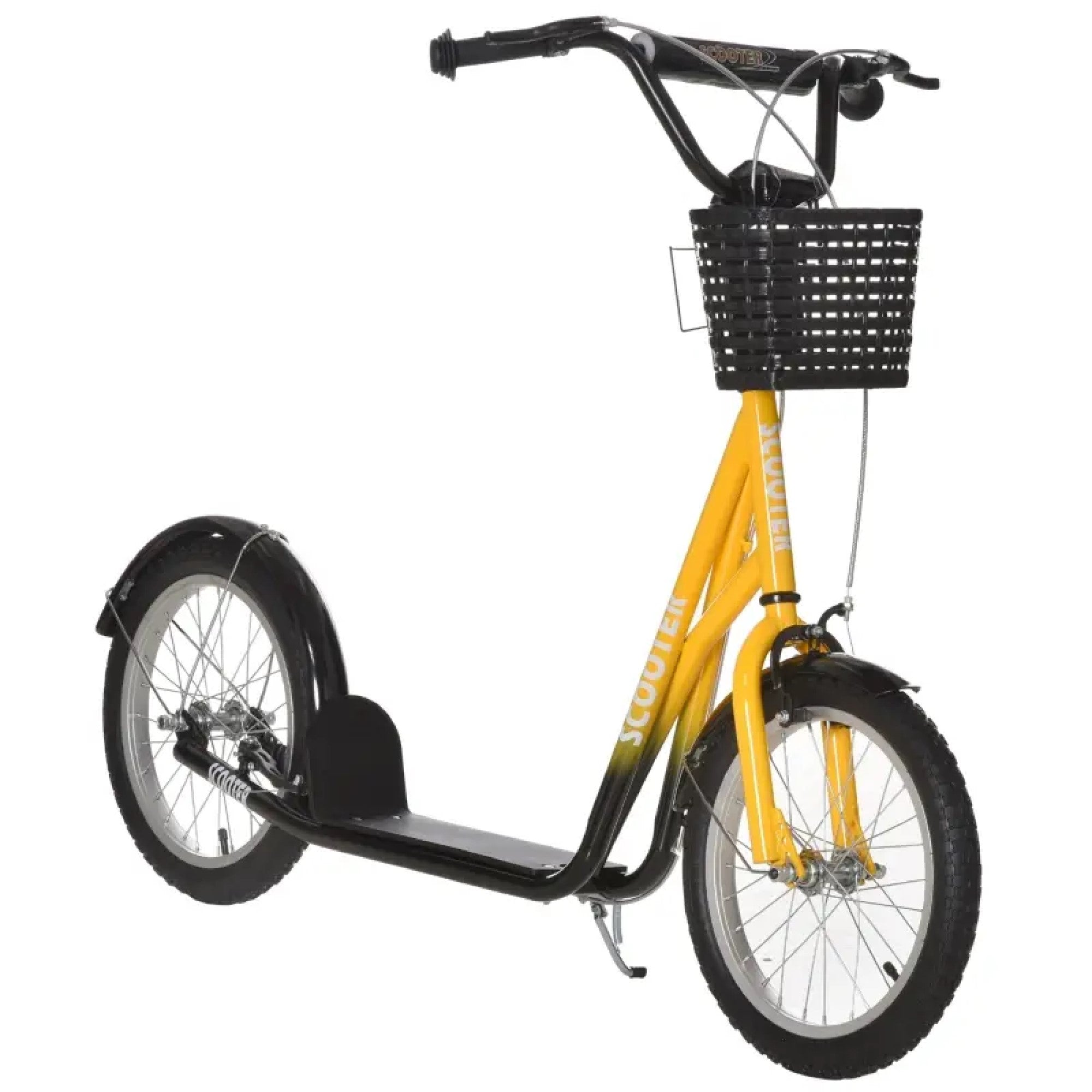 Youth Scooter, Kick Scooter Ride-On Toy with Adjustable Handlebars, Double Brakes, 16" Inflatable Rubber Tires, Basket, Cupholder